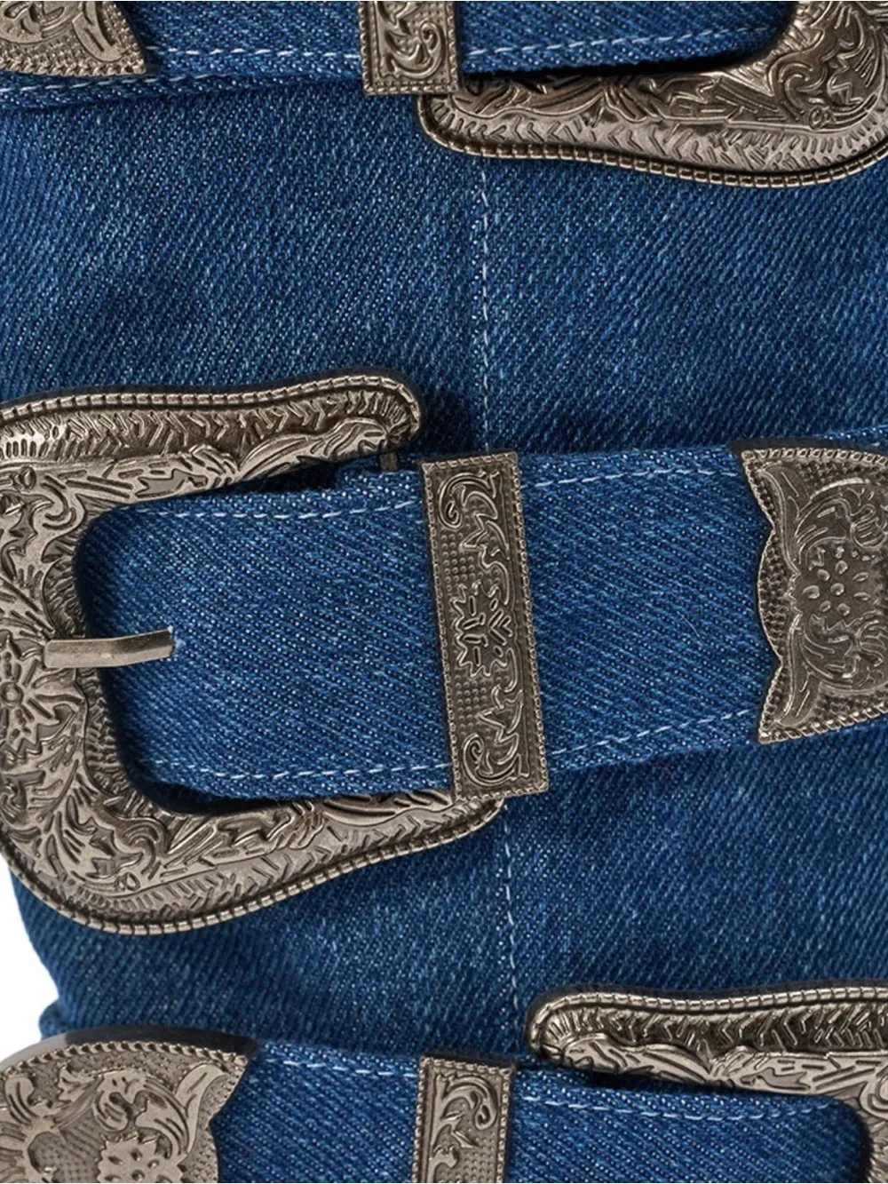 AKIRA Denim Blue Over-the-Knee Buckle Stiletto Boots